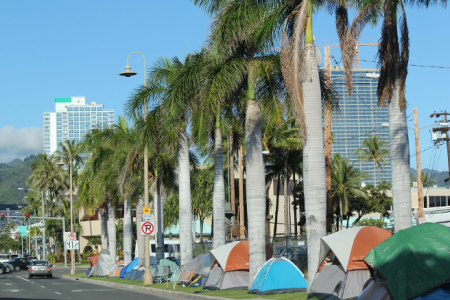 Tents off a highway in Hawaii.