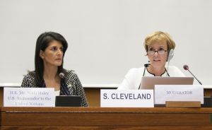 Nikki Haley and Sarah Cleveland sit side by side on the panel 