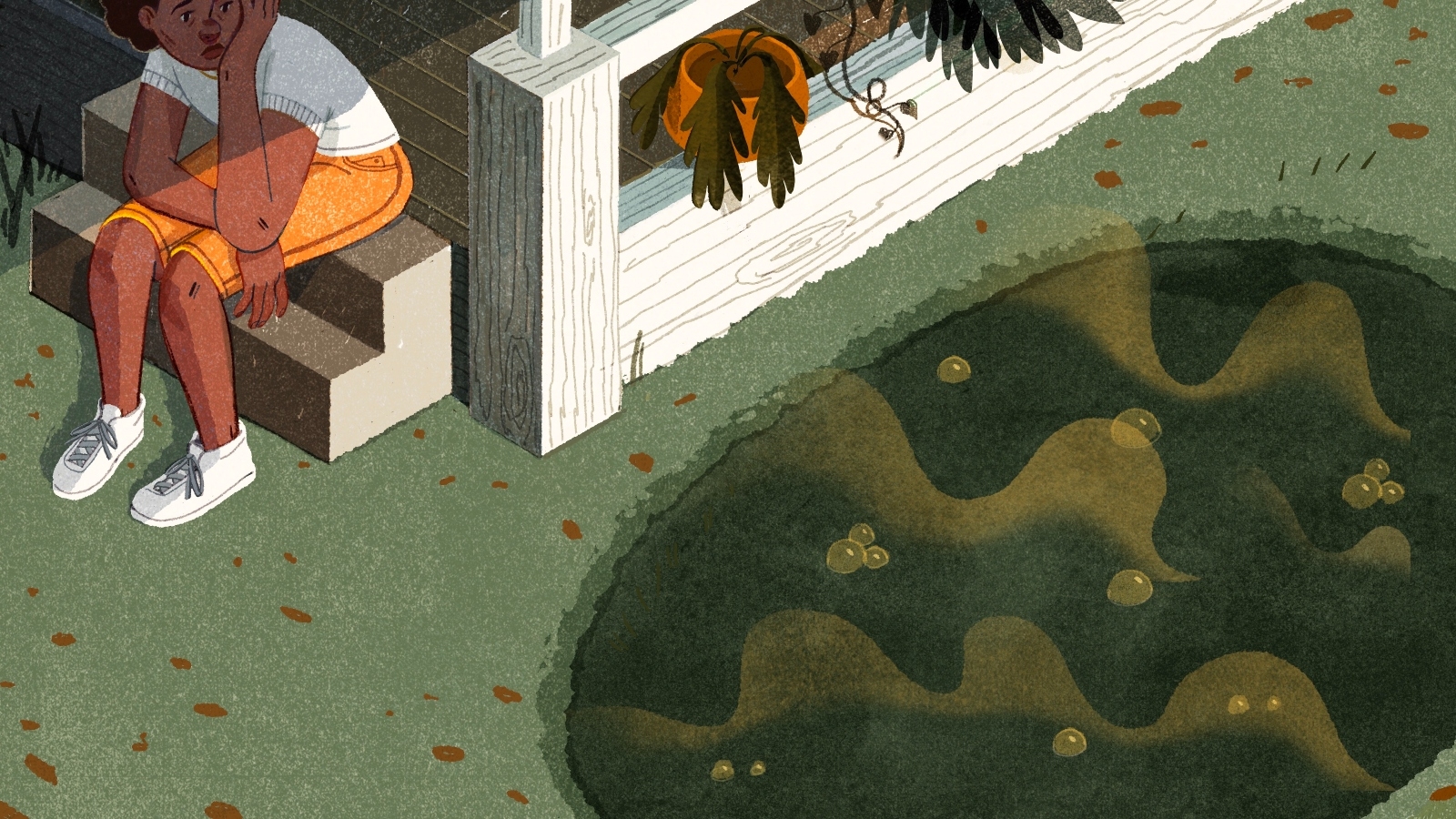 lllustration of girl sitting by polluted water.