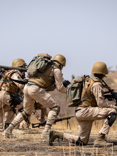 Soldiers crouch in the plains.