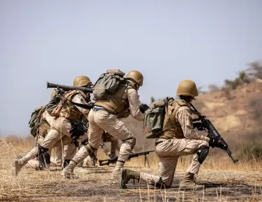Soldiers crouch in the plains.
